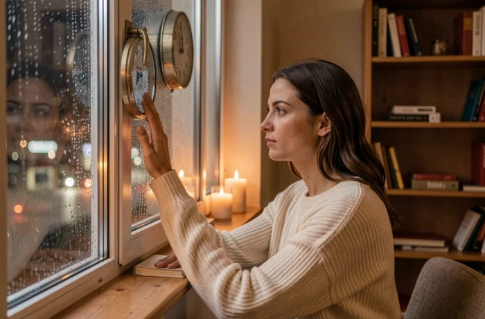 Femme pensive regardant une horloge indiquant 22h10 près d'une fenêtre nocturne, thème des flammes jumelles et synchronicité