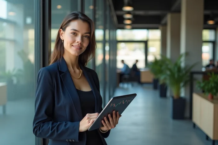 Femme d'affaires consultant un tableau de bord Bitcoin sur tablette dans un espace de coworking