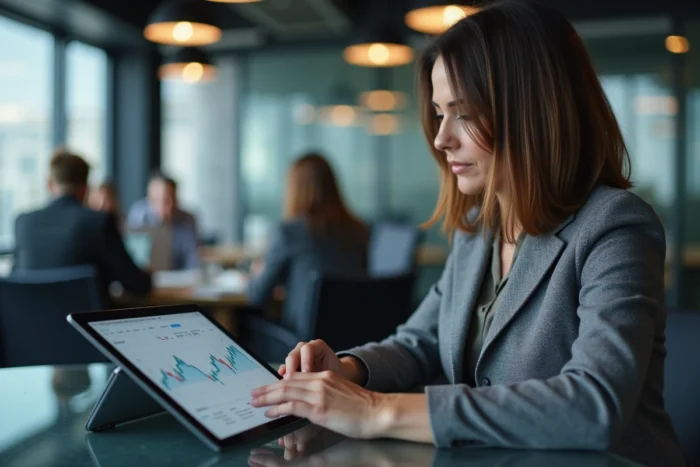 Femme investisseuse consultant un tableau de bord de portefeuille boursier sur tablette dans un espace de coworking
