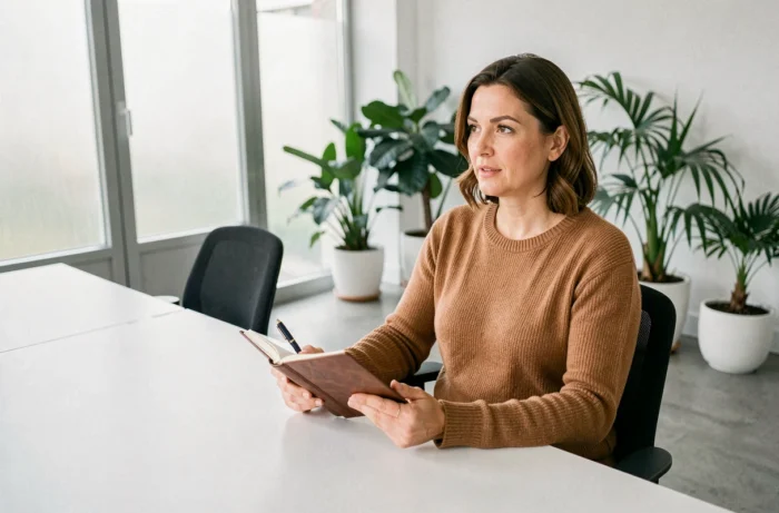 Mulher profissional da mídia em entrevista em um escritório parisiense, ilustração dos rendimentos e do salário de uma apresentadora conhecida