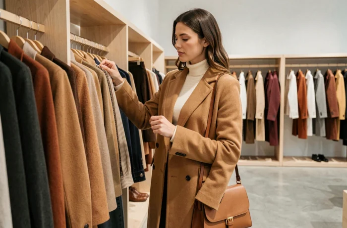 Femme élégante en manteau camel parcourant les nouvelles collections dans une boutique de mode parisienne minimaliste