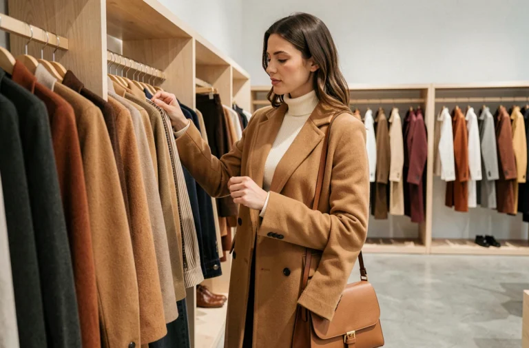 Femme élégante en manteau camel parcourant les nouvelles collections dans une boutique de mode parisienne minimaliste