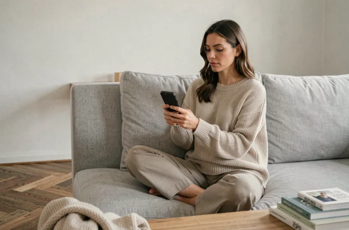 Mujer navegando por un sitio de secciones de inspiración para bodas y estilo de vida en su smartphone en un salón minimalista