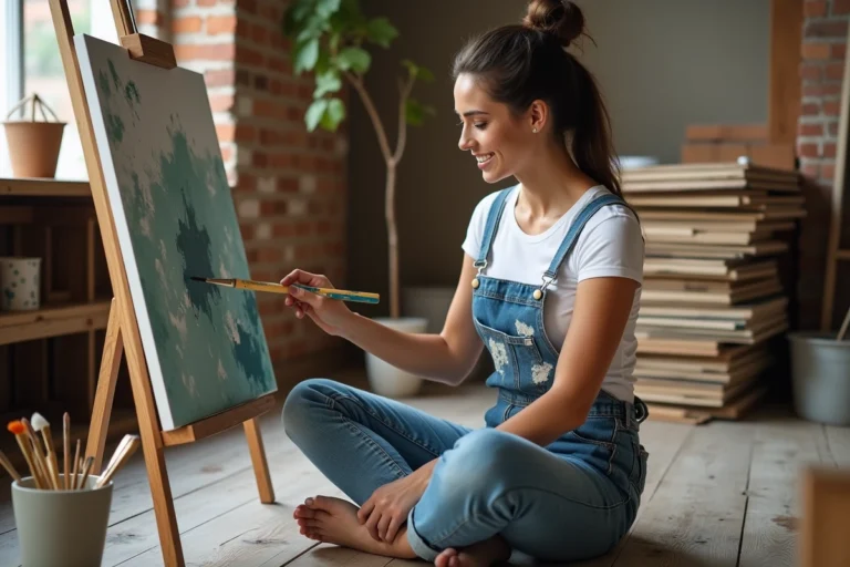 Femme peignant sur toile dans un atelier créatif fait maison, idée originale pour occuper son temps libre