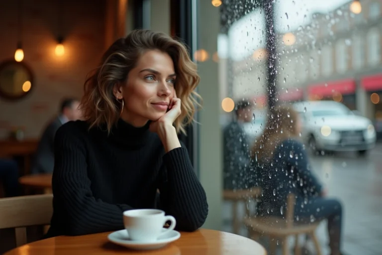 Femme pensive assise seule dans un café, évoquant une rupture amoureuse et des réflexions intimes