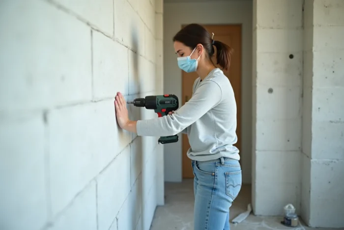 Femme perçant un mur en béton cellulaire avec une perceuse sans fil lors de travaux de rénovation
