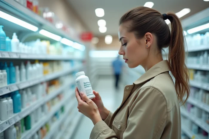 Femme en pharmacie lisant attentivement l'étiquette d'un produit contre la chute de cheveux dans le rayon soins capillaires