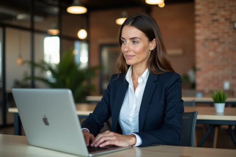 Femme professionnelle utilisant une plateforme de services en ligne sur son ordinateur portable dans un espace de coworking moderne