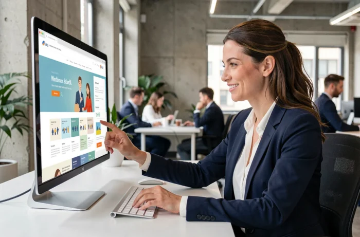 Femme professionnelle consultant le site web de son entreprise sur un grand écran dans un bureau moderne
