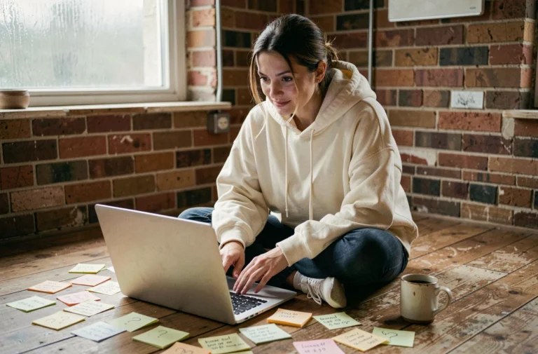 Jeune femme curieuse cherchant la signification d'un mot viral sur internet en 2026 entourée de notes manuscrites