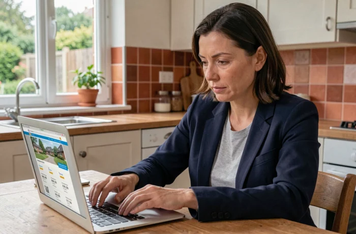 Femme consultant les prix de vente immobiliers sur un ordinateur portable dans une cuisine moderne