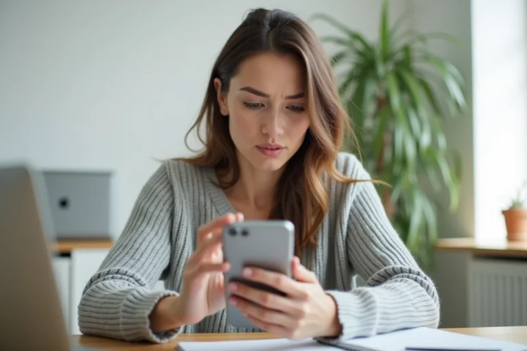 Femme utilisant la recherche vocale Google sur son smartphone dans un bureau à domicile minimaliste