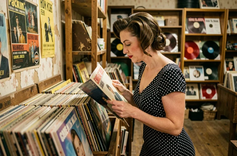 Femme en robe vintage des années 50 feuilletant des disques vinyle dans une boutique rétro authentique