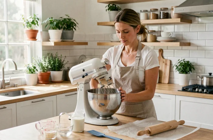 Femme utilisant un robot pâtissier entouré d'équipements de cuisine indispensables dans une cuisine lumineuse