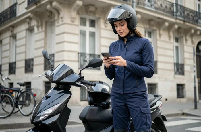 Femme motarde avec scooter 125cc dans une rue parisienne haussmannienne