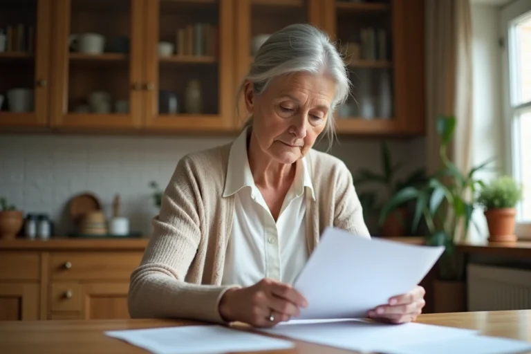 Femme senior consultant des documents de prévoyance obsèques à domicile