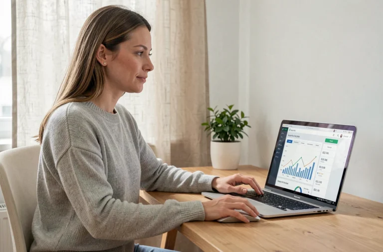Femme utilisant les services bancaires en ligne sur un ordinateur portable dans un bureau à domicile moderne
