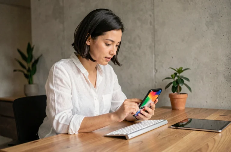 Femme utilisant un smartphone pliable dernier cri dans un bureau moderne à domicile, illustrant les nouvelles tendances high-tech du quotidien