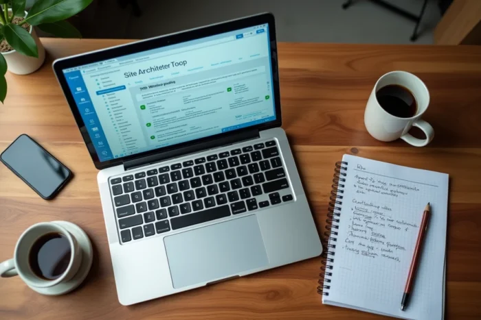 Vue aérienne d'un bureau avec un ordinateur portable affichant un sitemap XML et des notes manuscrites sur la structure d'un site web