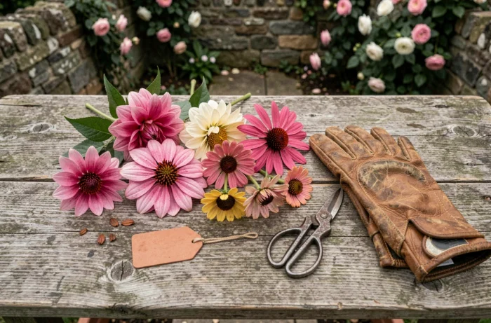Arreglo de flores recién cortadas, incluyendo dalias y zinnias, sobre un banco de jardín de madera con herramientas de jardinería