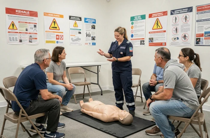 Formatrice en premiers secours animant une session de formation à la sécurité pour un groupe d'adultes