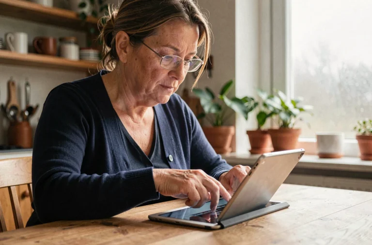 Femme d'une cinquantaine d'années utilisant une tablette pour gérer une tutelle à distance depuis sa cuisine