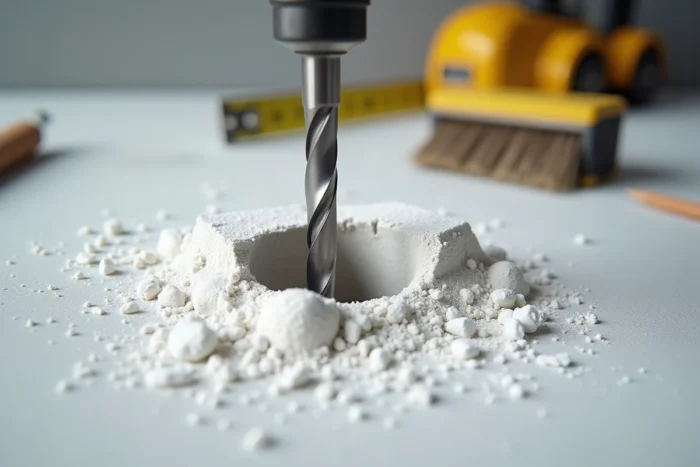 Gros plan d'un foret de maçonnerie perçant un bloc de béton cellulaire avec de la poussière blanche visible