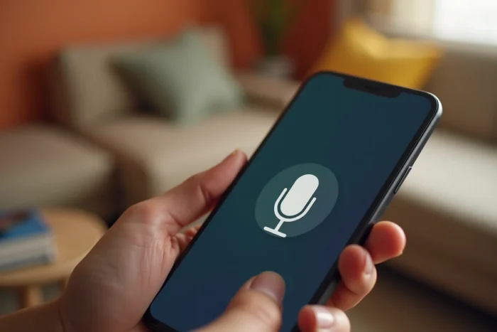 Gros plan sur l'icône microphone de l'application Google sur un smartphone pour activer la recherche vocale