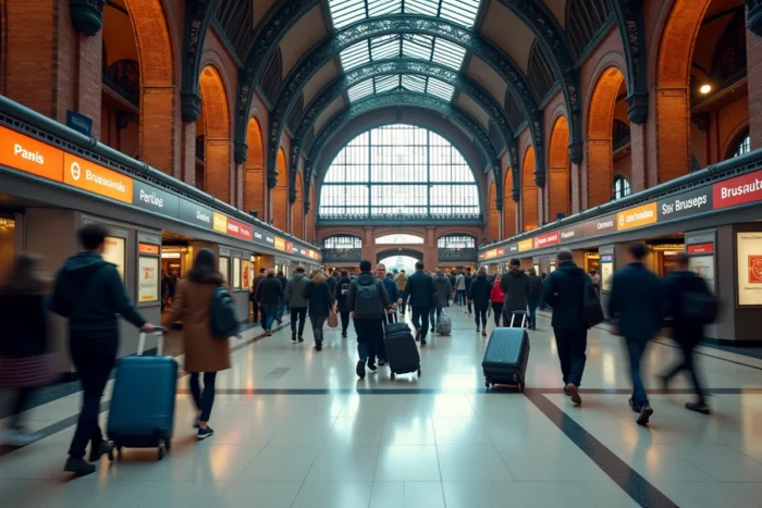 Hall de départ de St Pancras International avec voyageurs se dirigeant vers les guichets Eurostar
