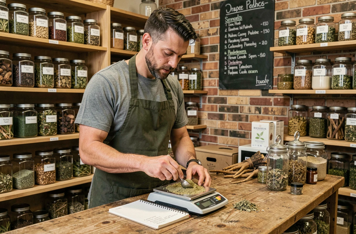 Herboriste professionnel pesant des plantes médicinales séchées sur une balance de précision dans une herboristerie professionnelle avec étagères de bocaux botaniques