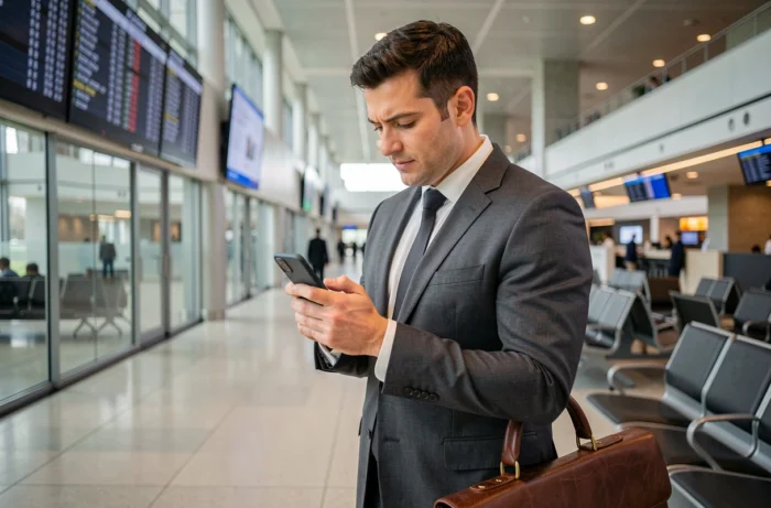 Uomo d'affari connesso che consulta le notizie economiche su smartphone in una lounge di aeroporto professionale