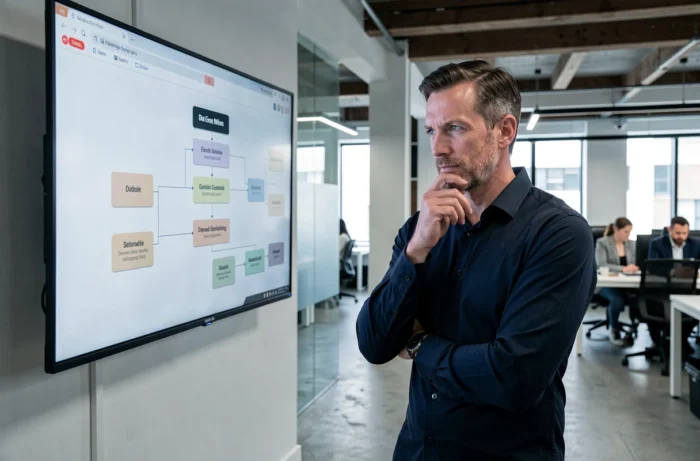 Homme analysant l'architecture d'un plan de site sur un grand écran dans un bureau moderne