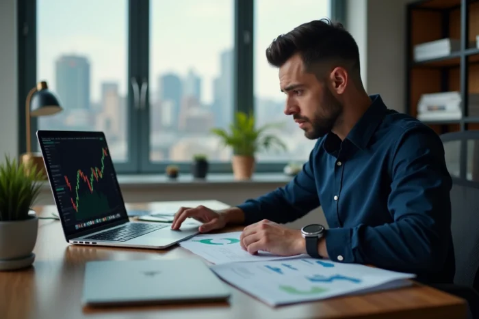 Homme d'affaires analysant des graphiques boursiers et des documents financiers dans un bureau moderne en 2024