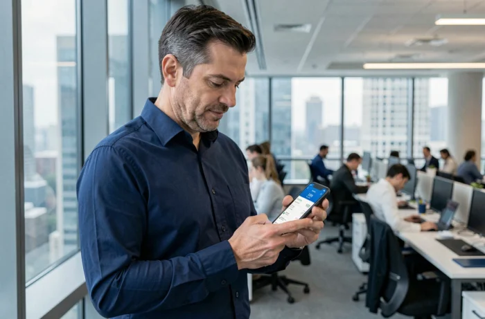 Homme d'affaires consultant son application bancaire mobile dans un bureau moderne en milieu urbain