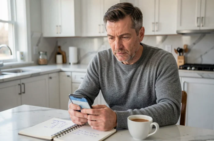 Homme consultant une application de finances personnelles sur son smartphone avec un carnet de notes budgétaire