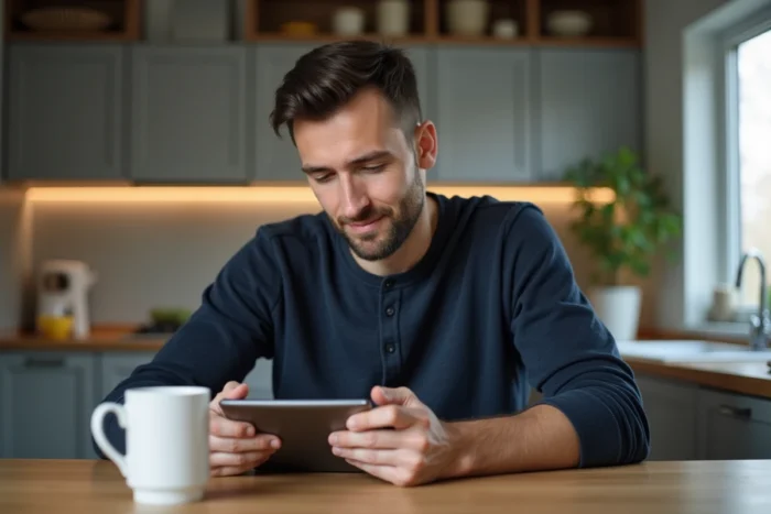 Homme lisant des avis en ligne sur un traitement contre la chute de cheveux sur une tablette dans une cuisine moderne