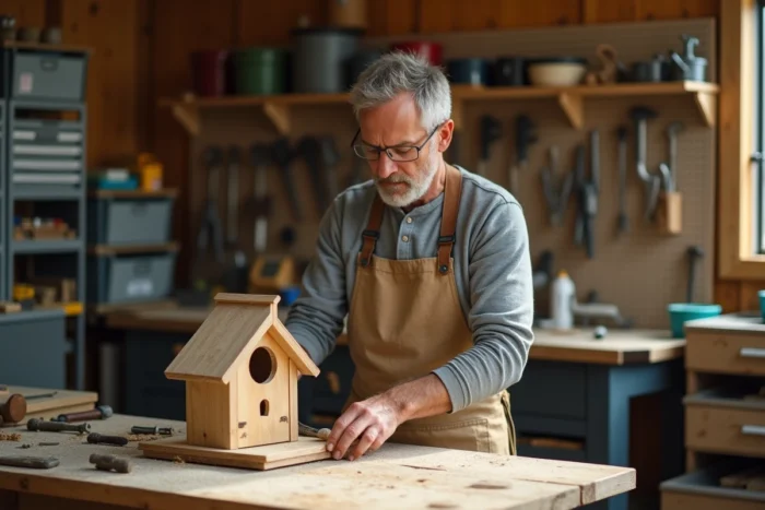 Homme faisant du bricolage dans un atelier garage, assemblant une cabane à oiseaux en bois comme activité créative