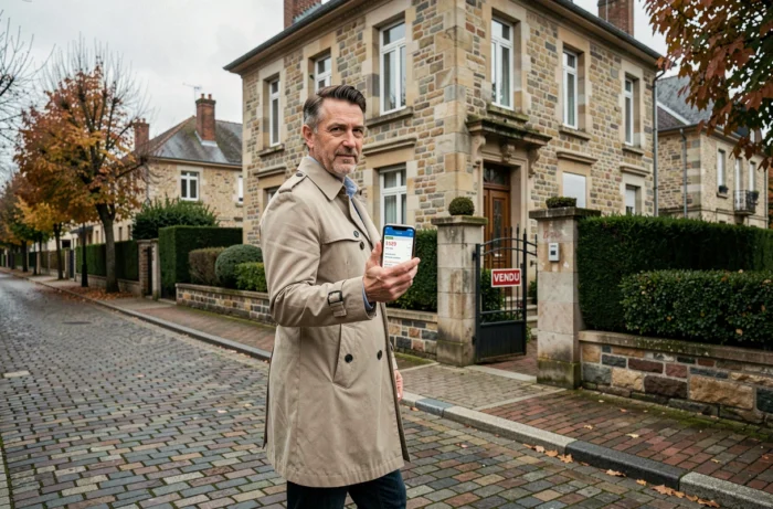 Hombre frente a una casa vendida consultando una aplicación inmobiliaria en su smartphone