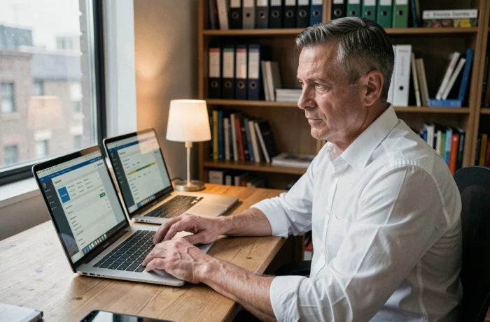 Homme gérant un report d'échéance de prêt immobilier en ligne depuis son bureau à domicile