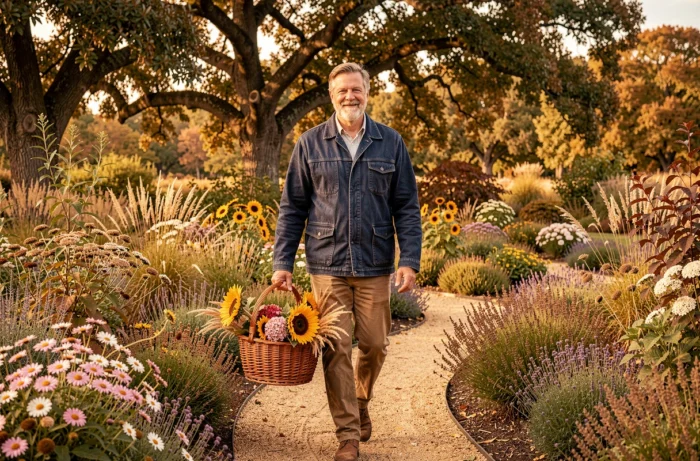 Hombre paseando por un jardín de perennes en otoño sosteniendo una cesta de mimbre llena de girasoles y ásteres recién cosechados