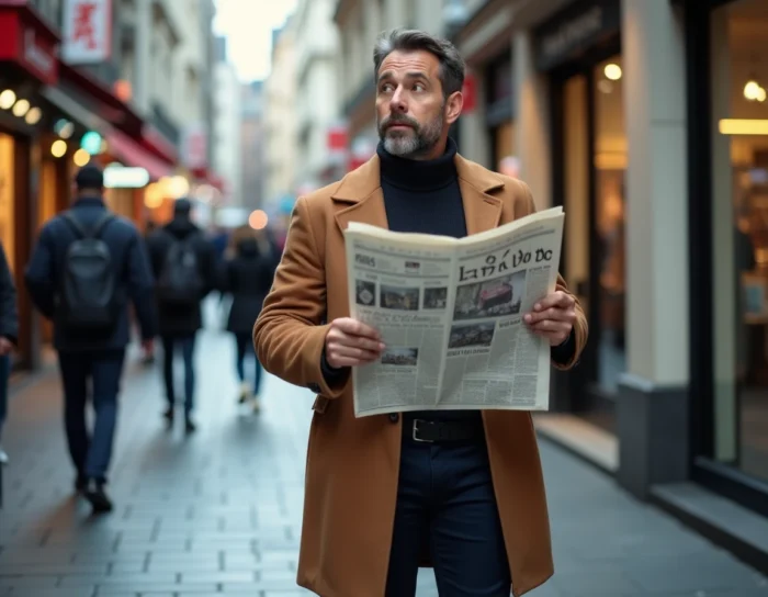 Homme lisant les actualités et tendances marquantes de la semaine dans un journal sur un trottoir animé de la ville
