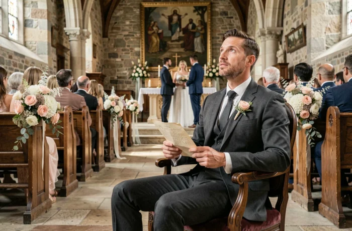 Homme en costume gris lisant une lettre manuscrite lors d'une cérémonie de mariage dans une chapelle en pierre décorée de fleurs blanches