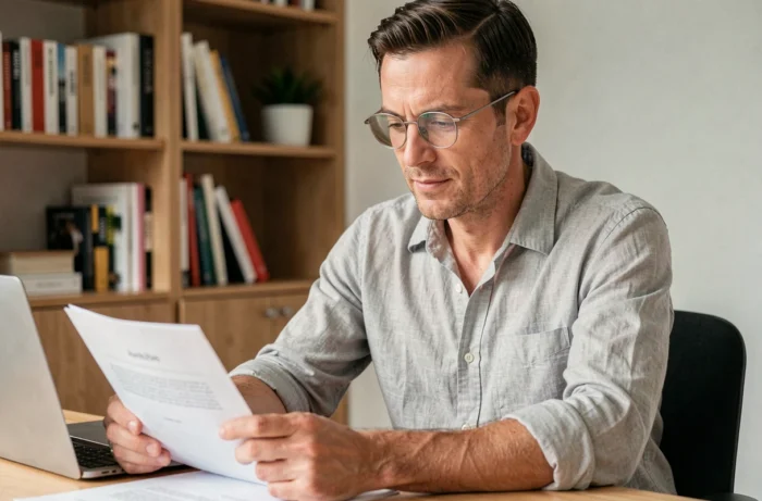 Homme portant des lunettes à monture fine en métal dans un bureau à domicile