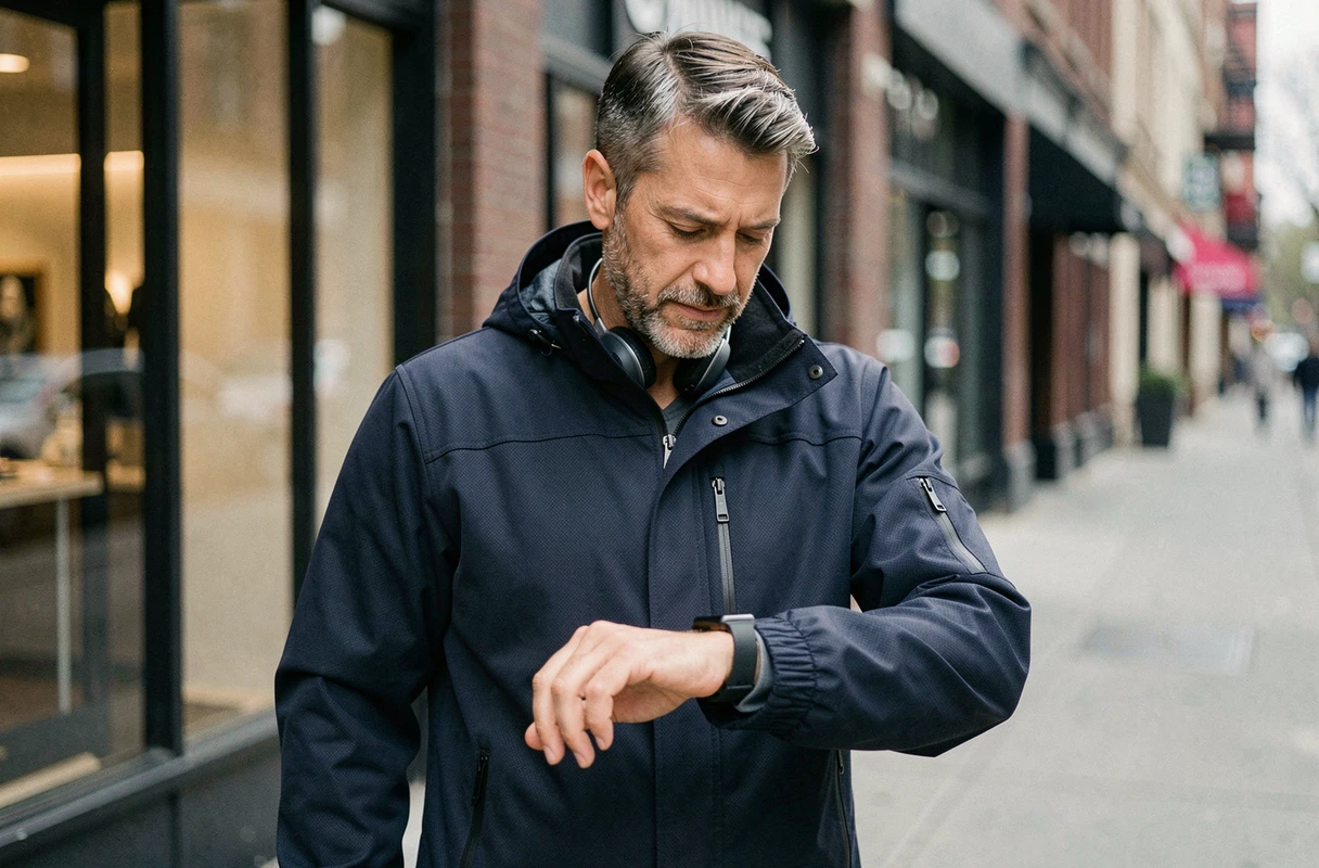 Homme vérifiant sa montre connectée en pleine rue, symbolisant l'intégration des innovations technologiques dans la vie urbaine quotidienne