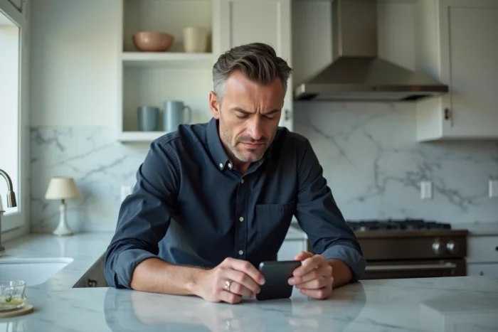 Homme consultant son smartphone Android dans une cuisine moderne pour résoudre un problème de recherche vocale Google