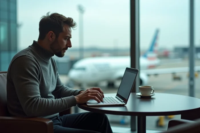 Homme préparant son itinéraire de voyage dans un salon d'aéroport moderne avec vue sur le tarmac