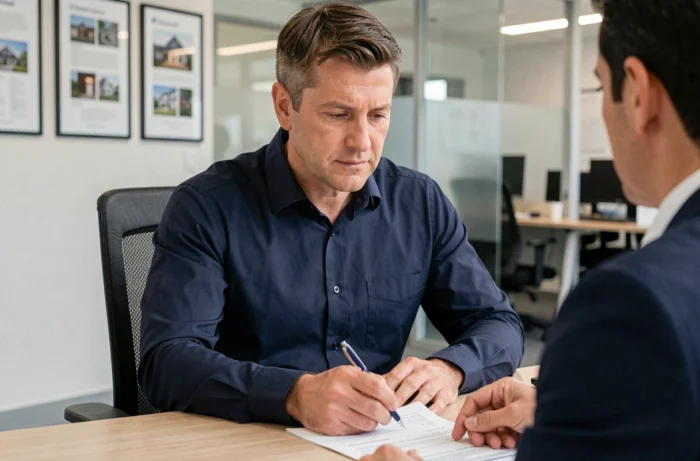 Man signing a rental contract in a professional real estate agency