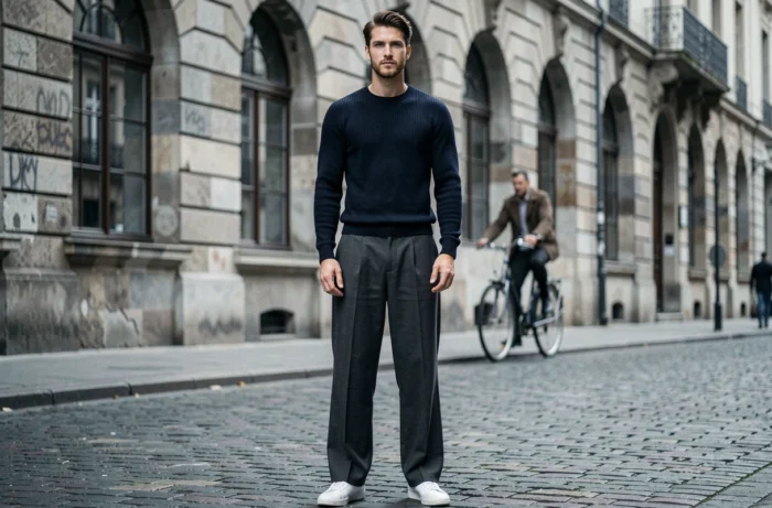 Homme en tenue mode automnale urbaine portant un pull marine et pantalon large dans une rue pavée européenne