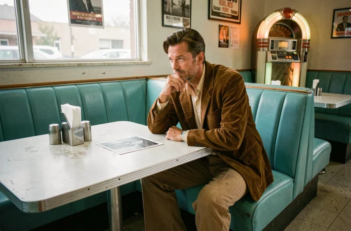 Uomo in abbigliamento retro degli anni '70 seduto in un diner americano vintage con jukebox