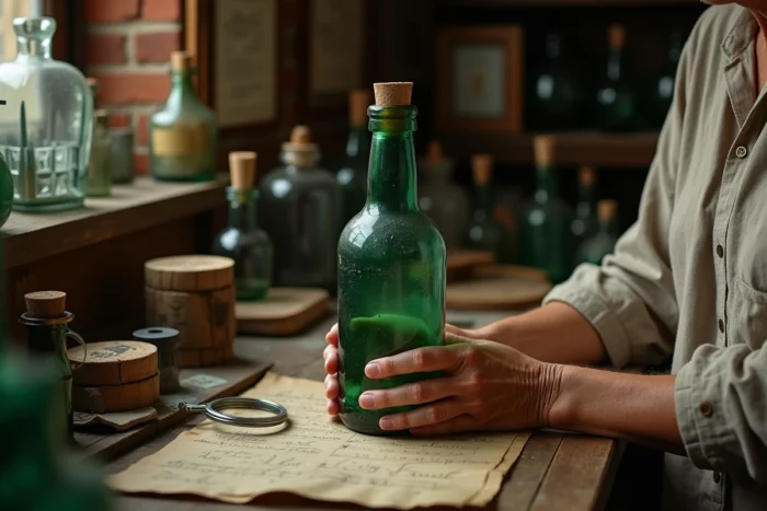 Femme experte examinant une ancienne bouteille en verre vert dans une boutique d'antiquités, identifiant les marques d'âge sur le verre